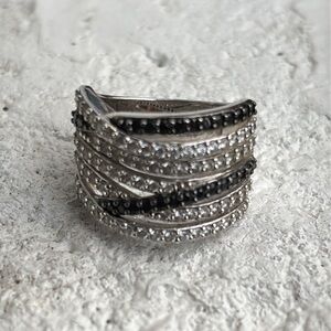 Sterling Silver Multi-Row Black and White Pave Ring